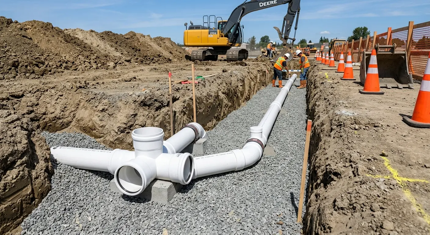 New PVC sewer pipe installation in open trench for Commercial Drain Cleaning in Campton Hills