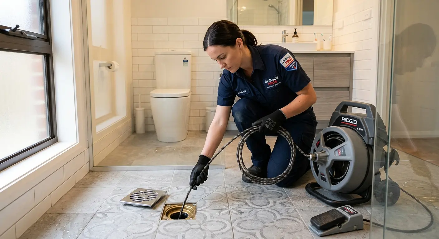 Technician clearing a bathroom floor drain for Sewer Line Replacement in Campton Hills